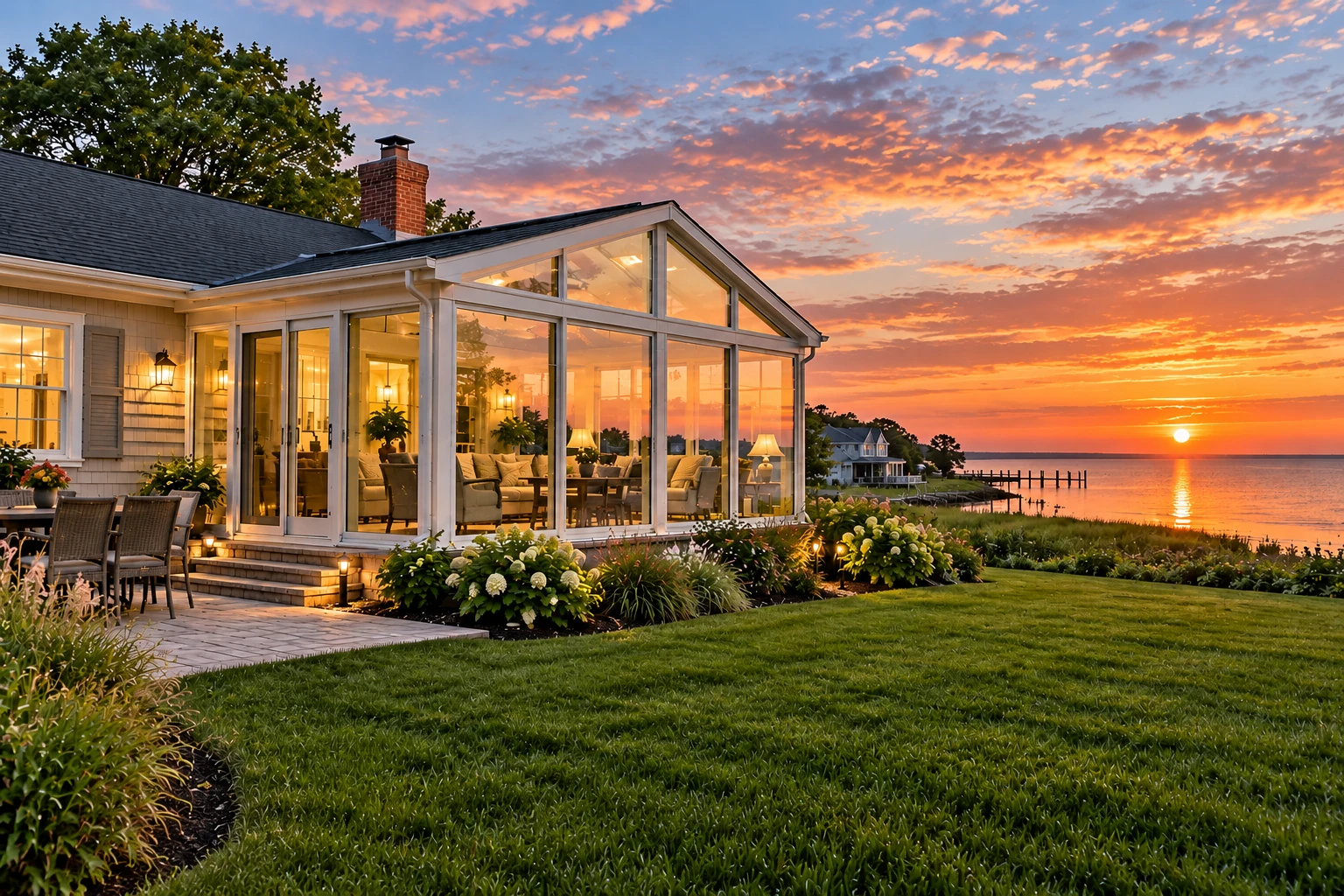 Glass four-season sunroom beside a waterfront home, glowing at sunset with patio seating and a landscaped lawn.
