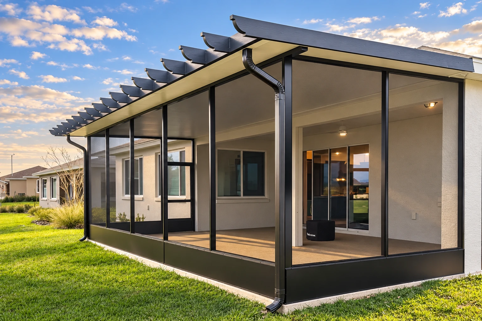 Custom sunroom with black-framed screened walls and a pergola-style roof beside a modern home.