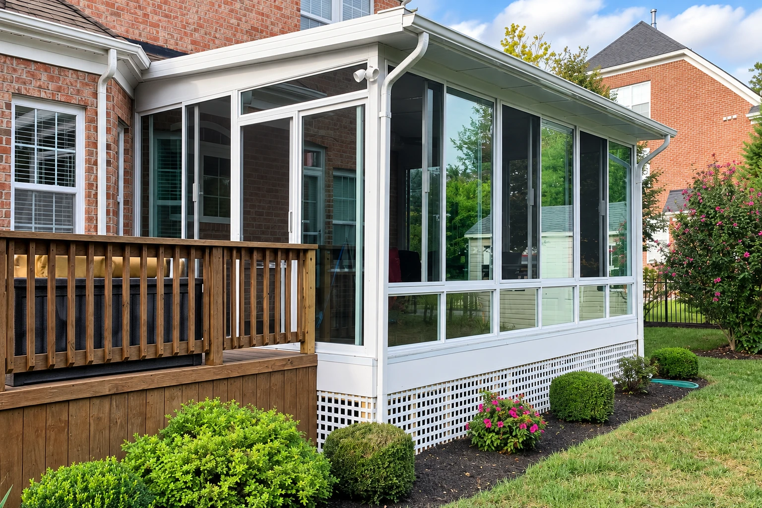 A white-framed sunroom extends from a brick house beside a wooden deck, with large windows and garden shrubs.