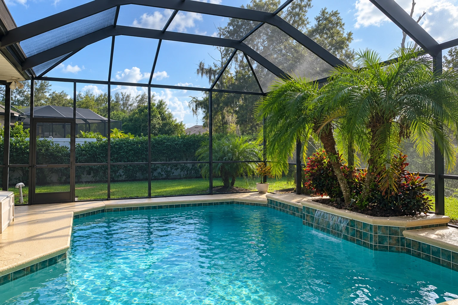 A screened patio enclosure surrounds a turquoise swimming pool, with a dark frame and tropical plants along the edge.