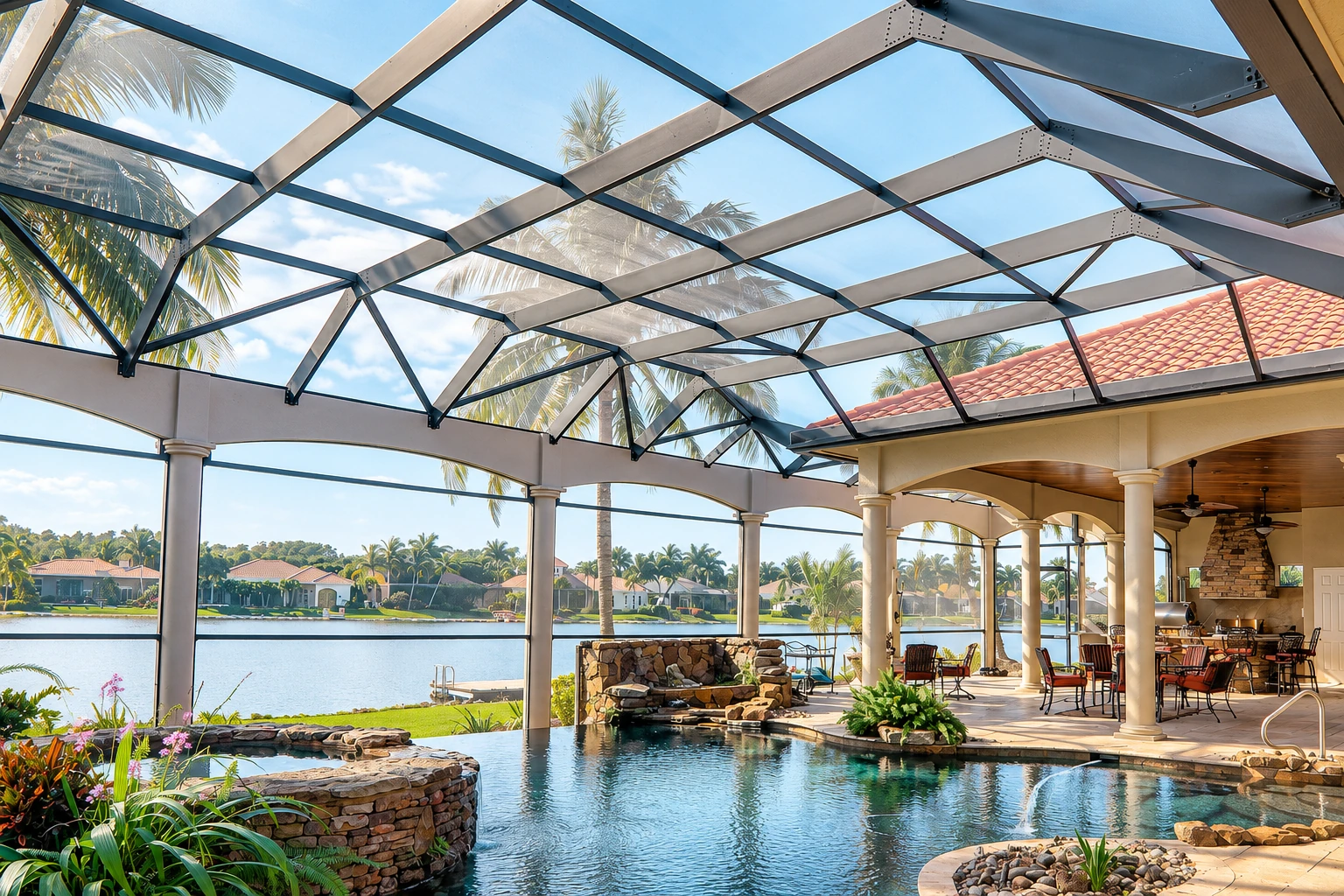 A spacious patio cover with exposed dark roof beams shelters a poolside seating area beside a lake.