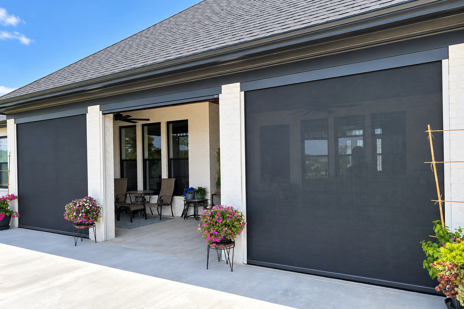 Patio enclosure with large dark retractable screens covering a white-brick outdoor living area.