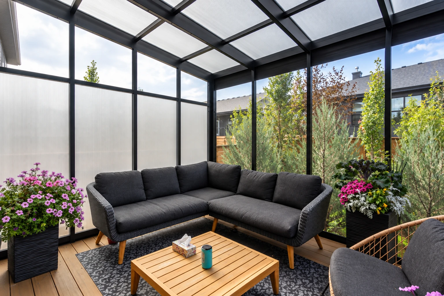 A patio enclosure with a dark-framed translucent roof contains a gray sectional sofa, wooden coffee table, and flowering planters.