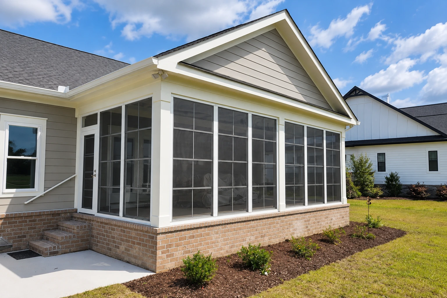 House with a newly enclosed patio featuring tall screened panels, a gabled roof, and a brick base.