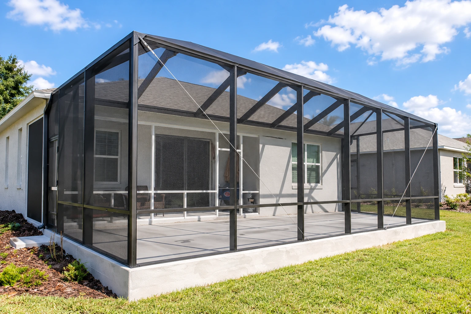 Black-framed screened patio enclosure attached to a house, with a peaked roof and concrete floor.