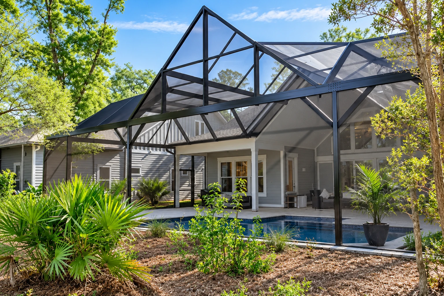 Black-framed screen room enclosing a pool and patio beside a gray house, with tropical plants in the yard.