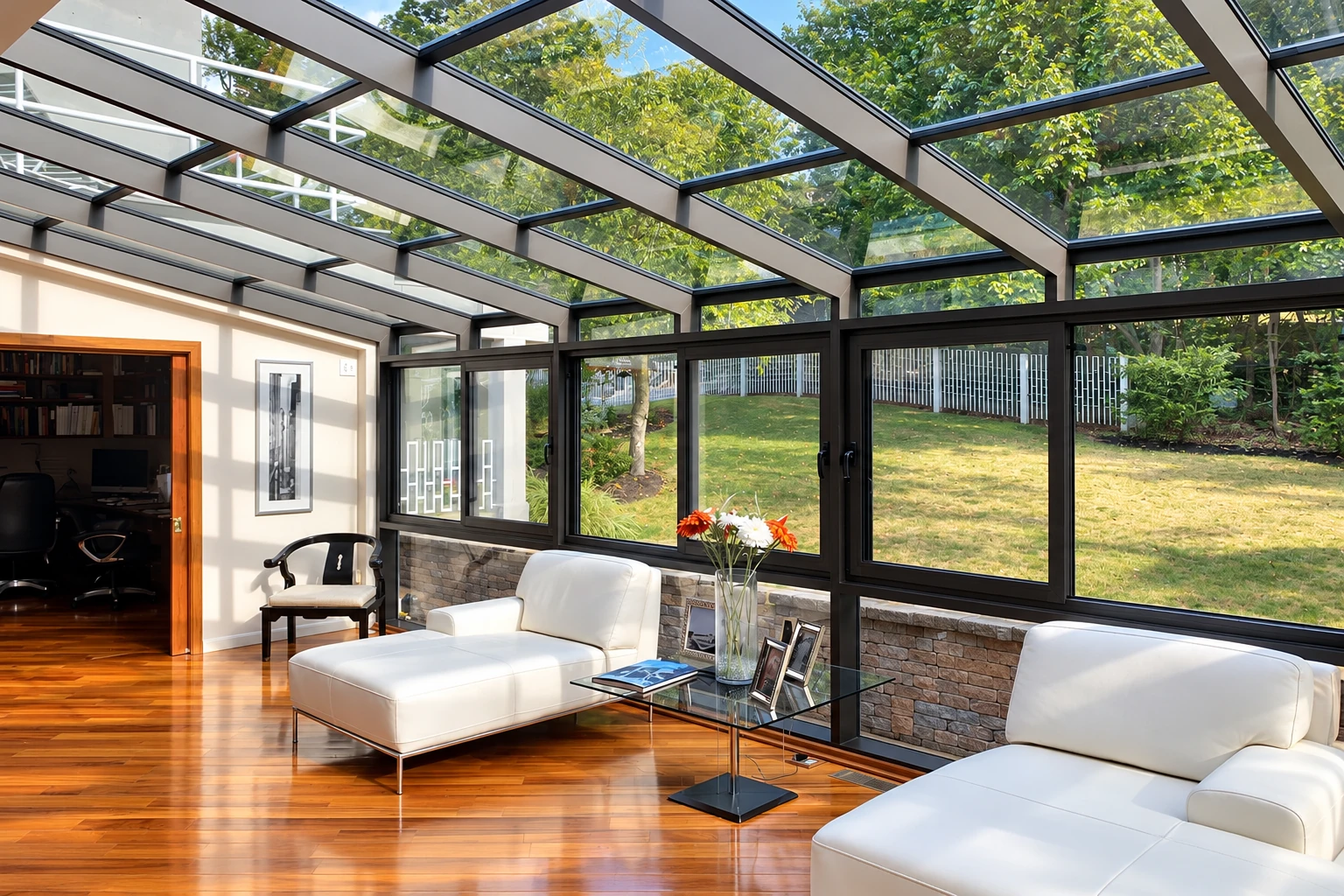 Solarium with a glass roof and black-framed windows, furnished with white sofas and overlooking a leafy lawn.