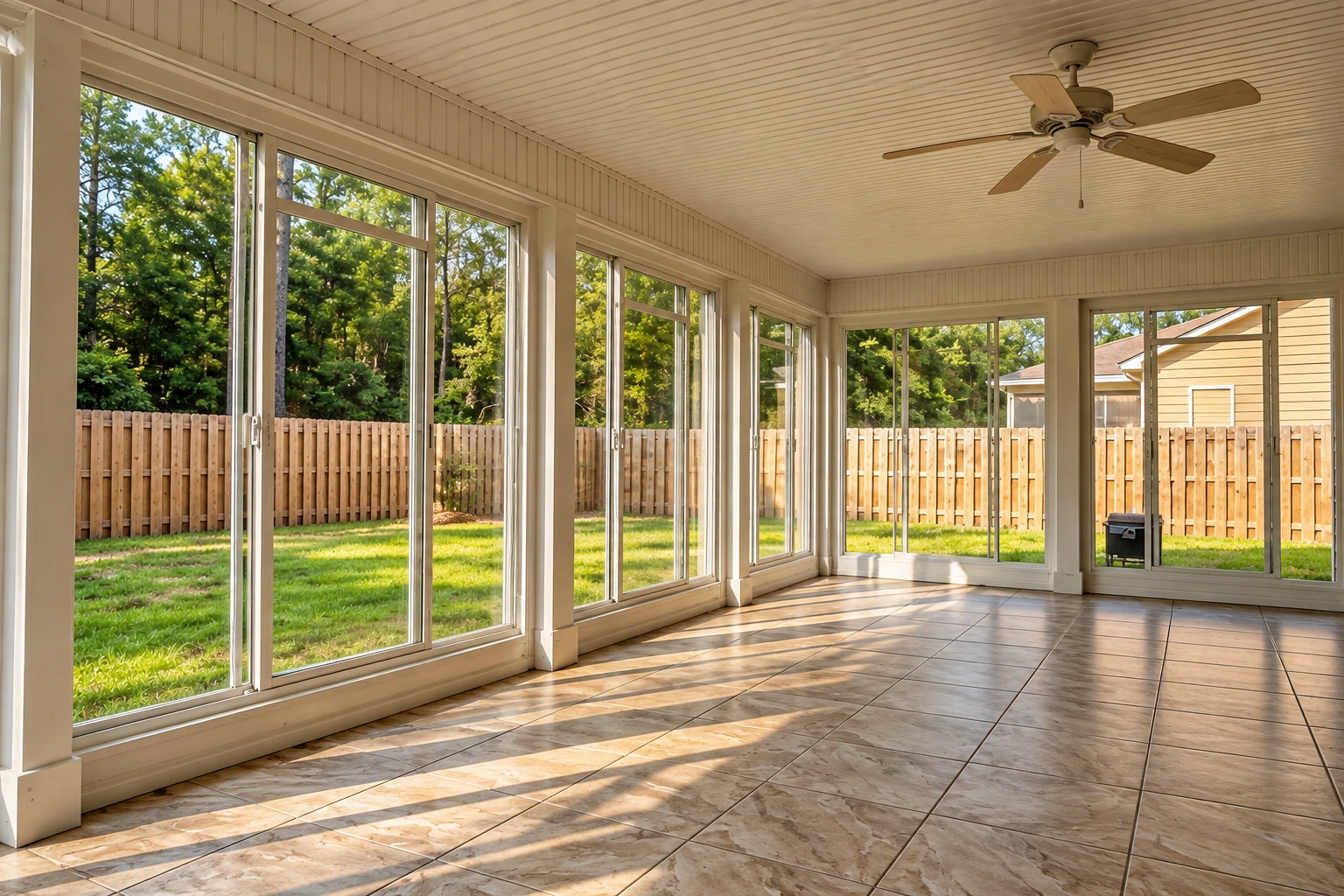 Bright sunroom with white-framed windows, tiled floor and ceiling fan, opening onto a fenced backyard.