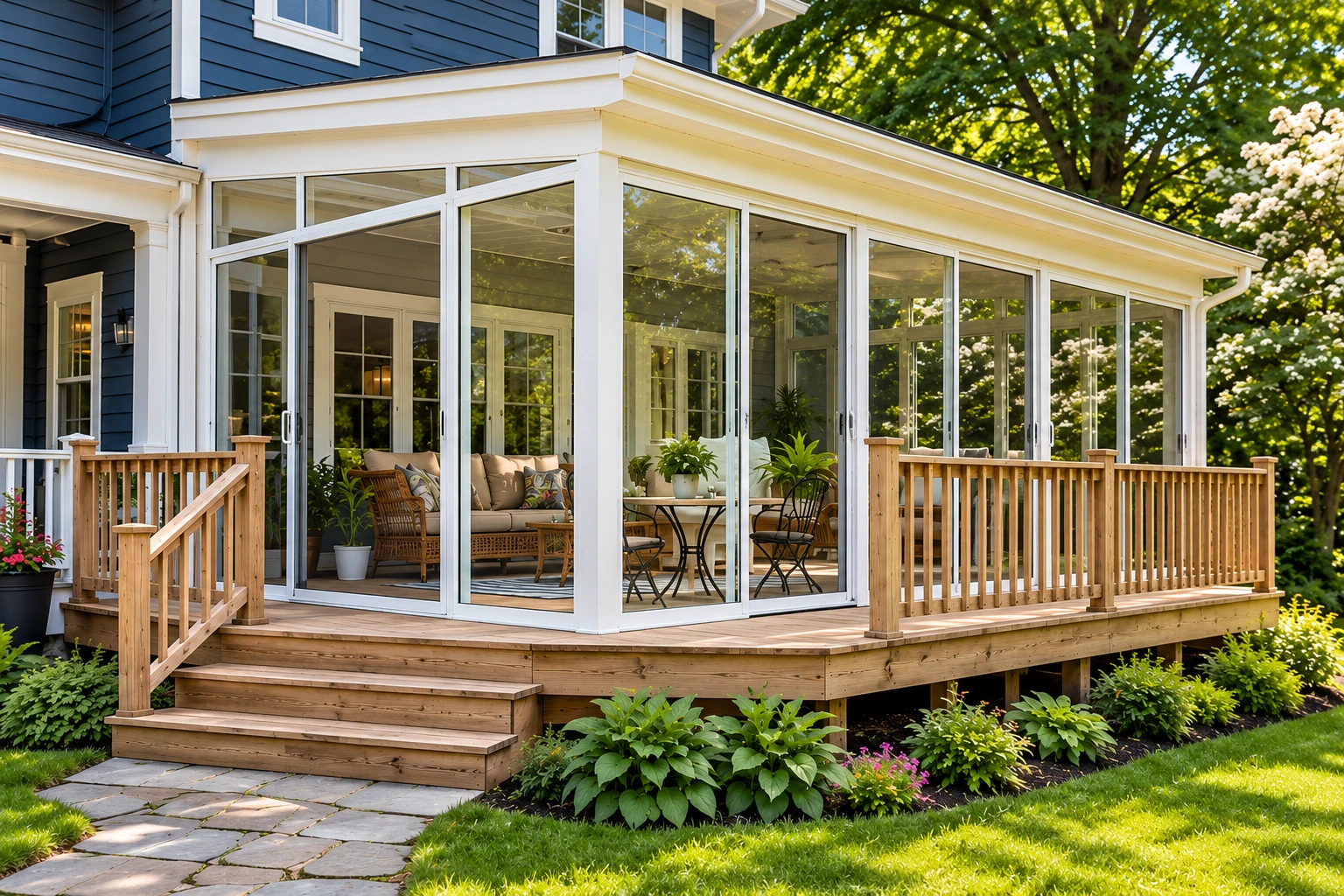 White-framed glass sunroom extending from a blue-sided house, with a raised wooden deck and steps.