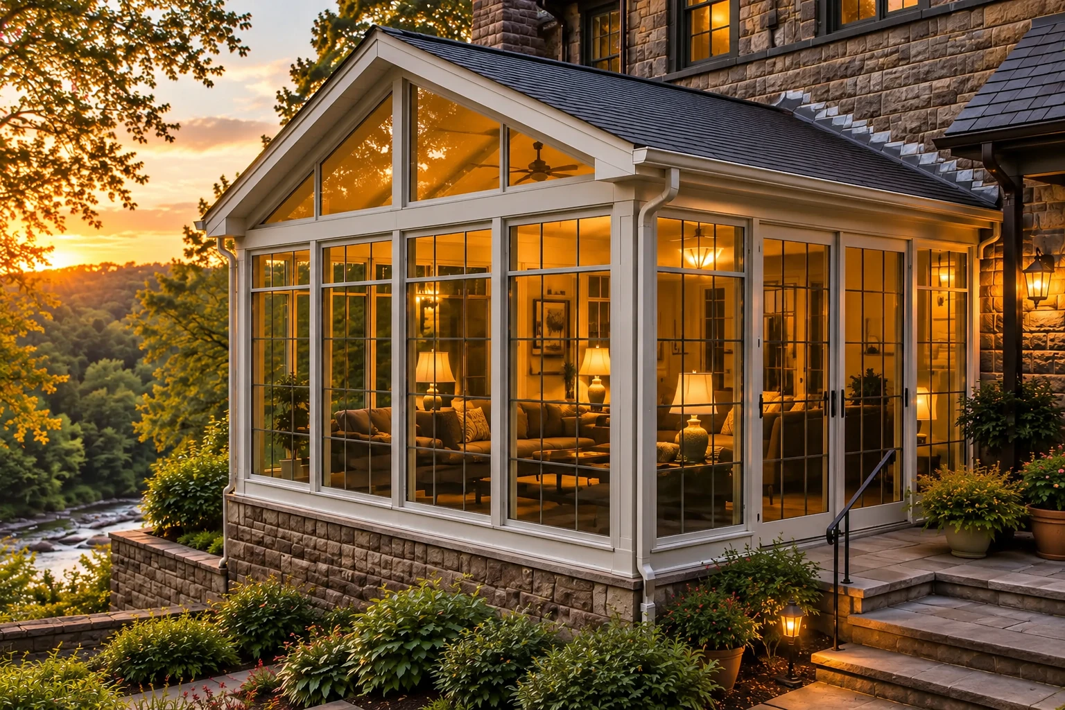 Glass sunroom with a peaked roof and stone base, warmly lit at sunset beside a wooded landscape.