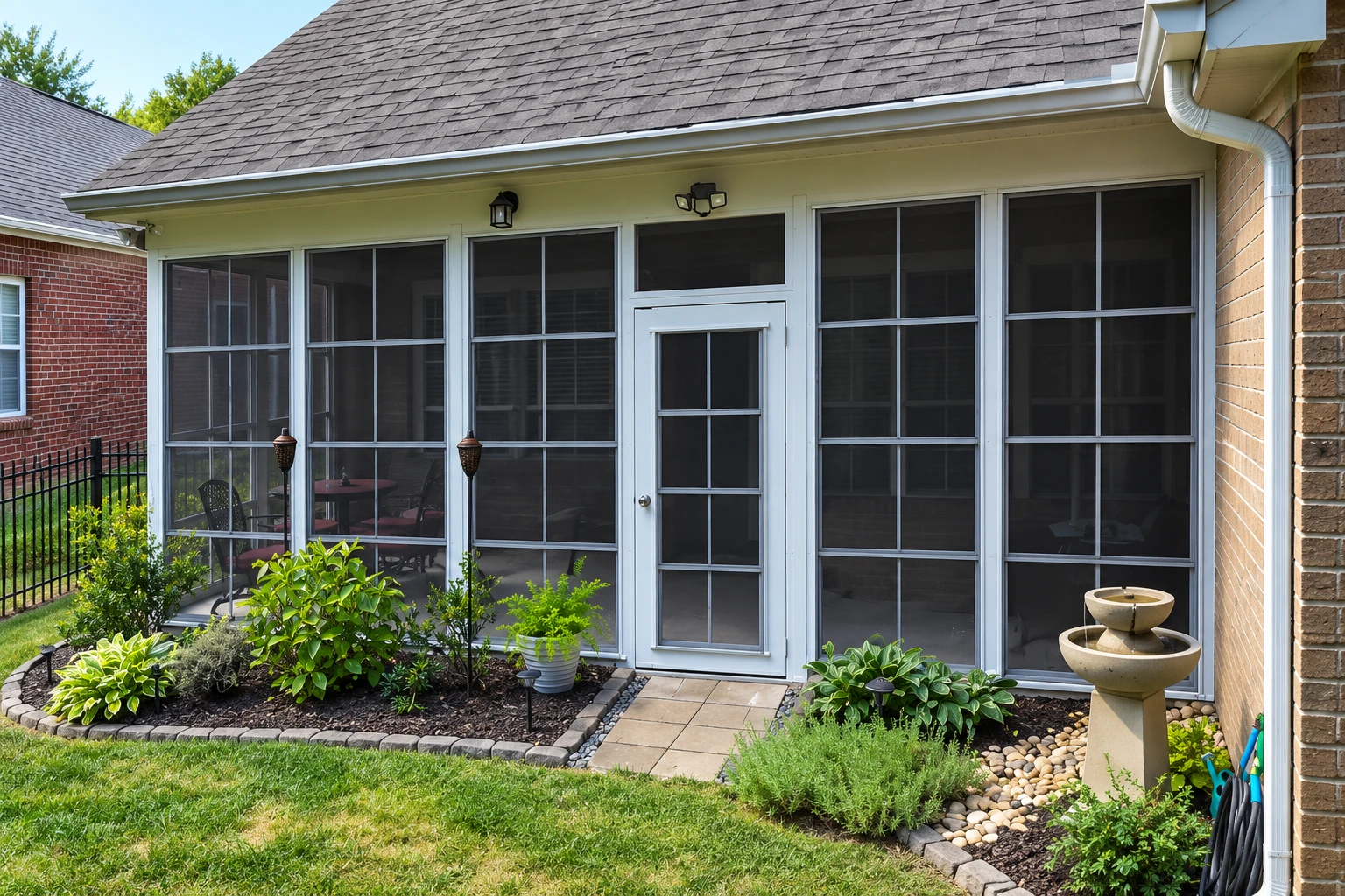 Three-season sunroom with screened panels and a central door, set beside a landscaped garden and brick house.