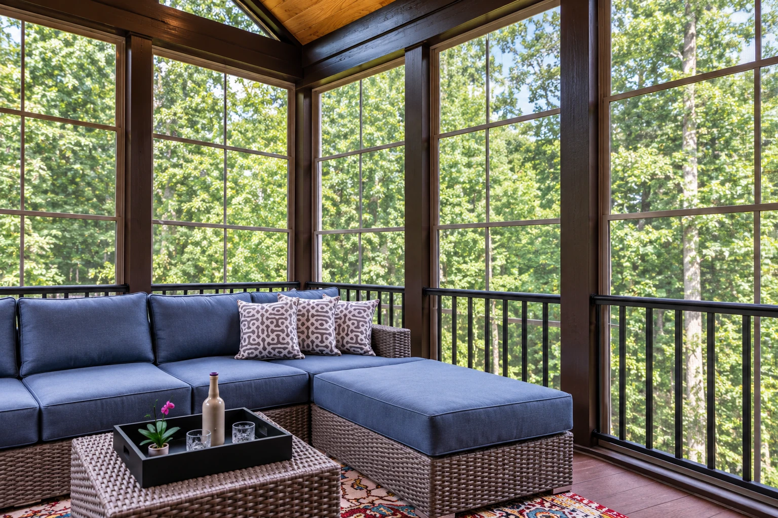 Wood-framed screened sunroom with large windows, a blue sectional sofa, and views of leafy trees.