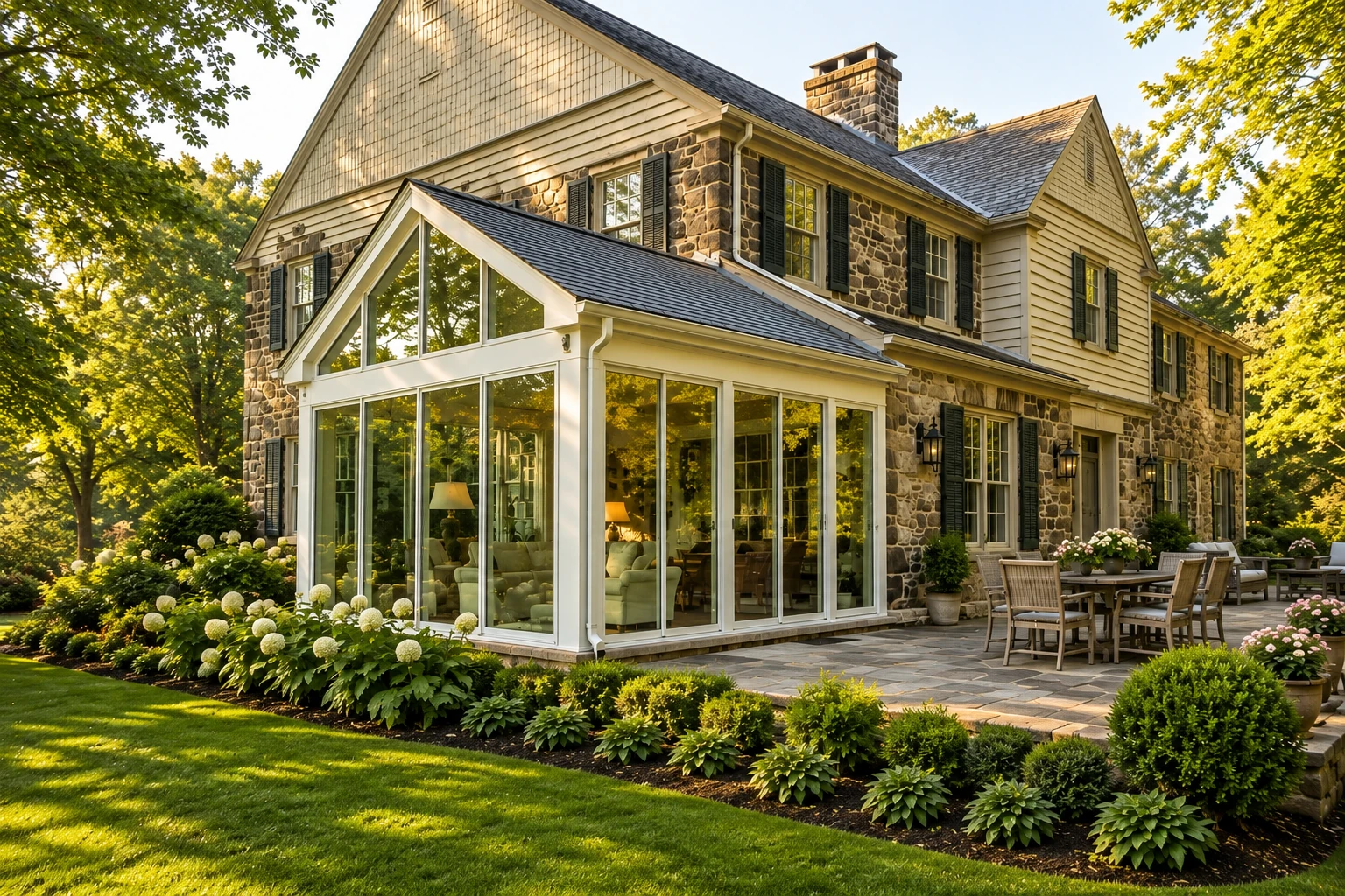 Stone house with a white-framed glass sunroom addition, landscaped garden, and adjoining patio dining area.