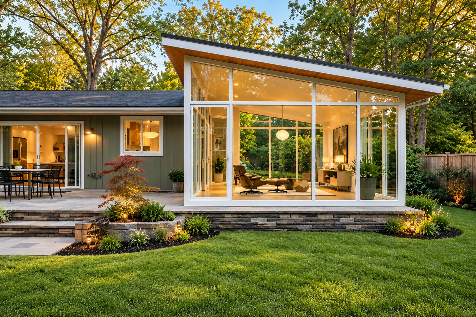 Modern white-framed glass sunroom with a sloped roof, attached to a home and opening onto a landscaped patio.